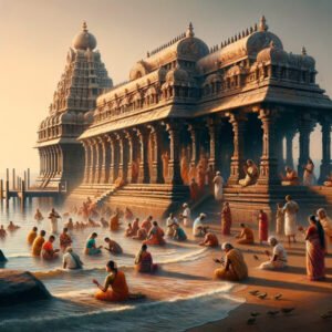 South Indian pilgrims at Rameshwaram Temple during Shravan