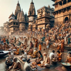 Devotees offering milk to Shiva lingam at Kashi Vishwanath Temple