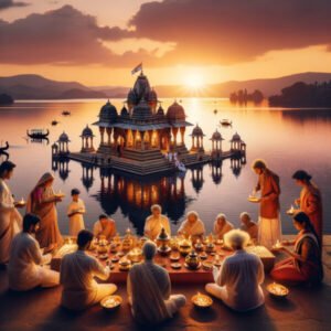 Evening aarti at Barahi Temple on Phewa Lake in Pokhara with Indian pilgrims attending