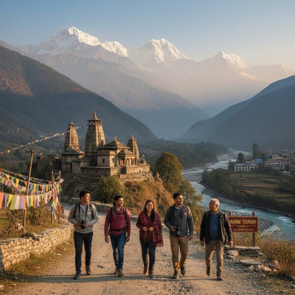 Nepal Tour Package from Gorakhpur with Madhu Tourism Family enjoying a Nepal tour from India, organized by Madhu Tourism, featuring cultural sites and mountain views