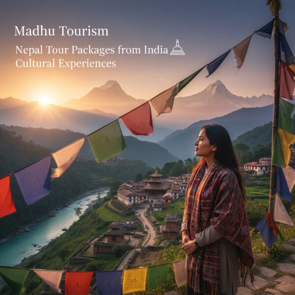 Madhu Tourism: Your Gateway to Nepal's Spiritual & Cultural Wonders A captivating image of Nepal's iconic Boudhanath Stupa, a symbol of Tibetan Buddhism, under a clear sky. The stupa is adorned with prayer flags, and devotees are visible in the foreground, indicating a place of deep spirituality and cultural richness. The image invites viewers to experience Nepal's unique blend of tradition and natural beauty, perfectly aligning with 'Nepal cultural experiences' and 'Nepal tour packages from India'.