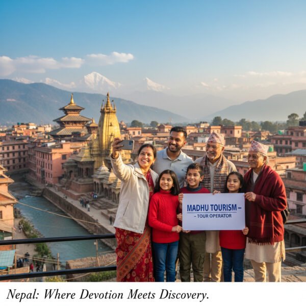 Madhu Tourism: Your Gateway to Nepal's Sacred & Scenic Wonders Family enjoying a Nepal tour package from Gorakhpur, visiting temples and experiencing local culture with Madhu Tourism