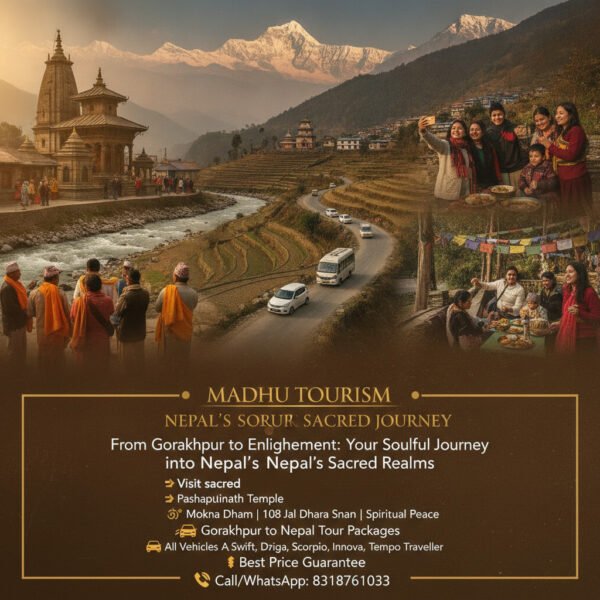 Madhu Tourism: Nepal's Soul, Your Sacred Journey - Explore sacred sites and scenic beauty Madhu Tourism: Your Sacred Journey to Nepal from Gorakhpur, featuring majestic Pashupatinath Temple and Himalayan peaks