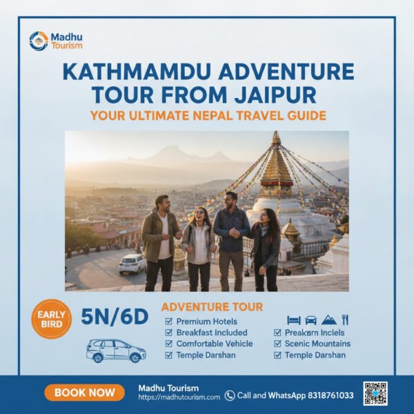 Kathmandu Adventure: Your Ultimate Nepal Travel Guide from Madhu Tourism A vibrant street scene in Kathmandu, Nepal, with ancient temples and bustling local life, representing an ultimate travel guide.